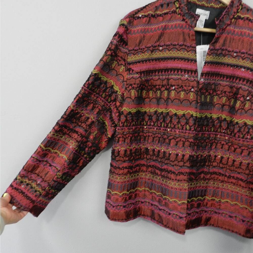 Chico's Jacket Size XL 3 Embroidered Beaded Southwestern Boho Artisan Burgundy - Picture 4 of 12